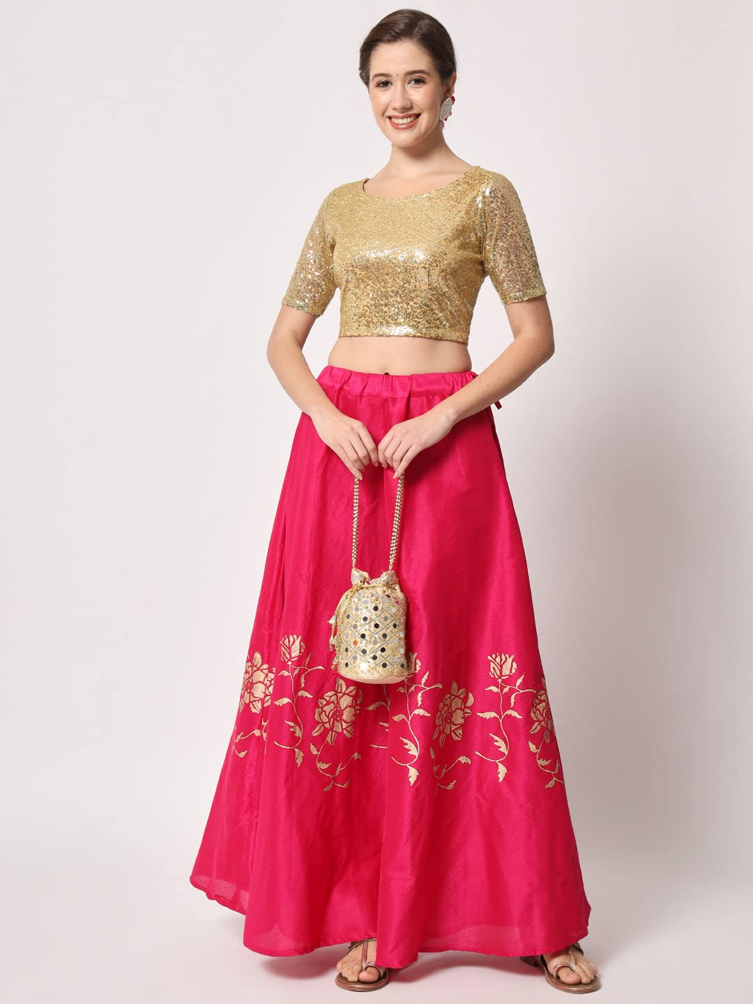 studio rasa Women's Net Sequin Embroidered Sheer Sleeves Readymade Saree Blouse for Wedding Festive Party (TPWC12302M_BL_Gold_Medium)