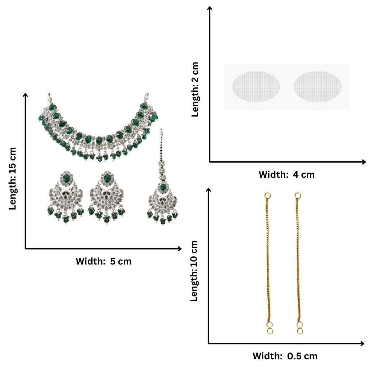 ACCESSHER Green Silver-Tone AD Necklace With Matching Earrings & Maangtikka with a Pair of Gold Plated Earring Supporter & Maangtikka Supporter Patch | For Women & Girls