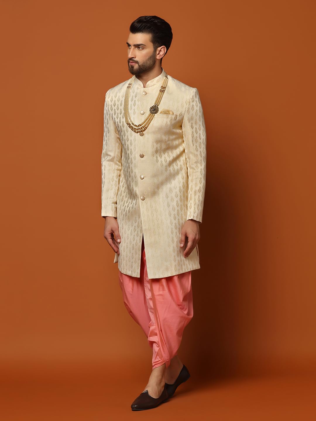 KISAH Men's Cream Indo-Western Sherwani Dhoti Set, Cotton Full Sleaves, Knee Length, Straight, Regular Fit, Mandarin Collar Ethnic Wear