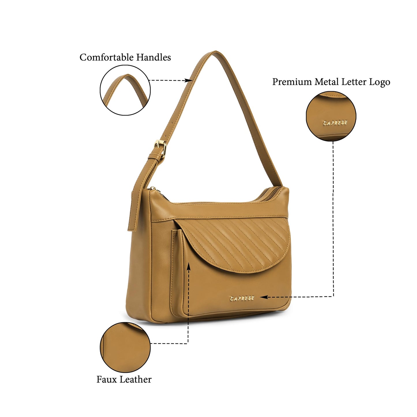 Caprese Jessica Hobo Medium Brown Bag for Women Shoulder Bag with Adjustable Strap|Back Zip|Trendy New Shape, Spacious Design, Ideal for Office, Daily Use, and Travel