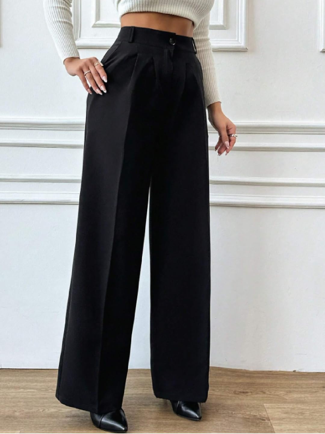 OOMPH! Women's High-Waisted Pant | Wide Leg Trousers | Korean Style Stretchable Trouser Jet Black