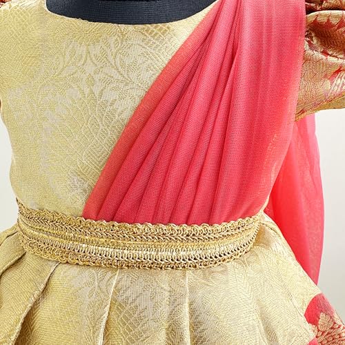 Stanwells Kids Gold & Peach Banarasi Silk Saree Frock for Baby Girls – Ethnic Wear for Festivals, Weddings & Birthday Parties (1-2 Years)