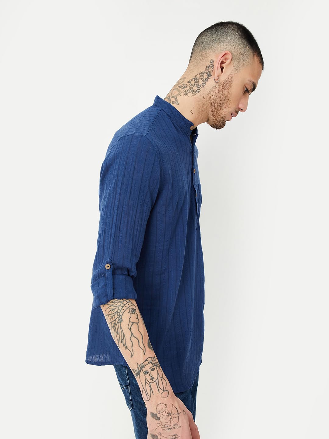 Max Men's Long Sleeves Regular Fit Band Collar Waist Length Cotton Kurta (Blue_M)