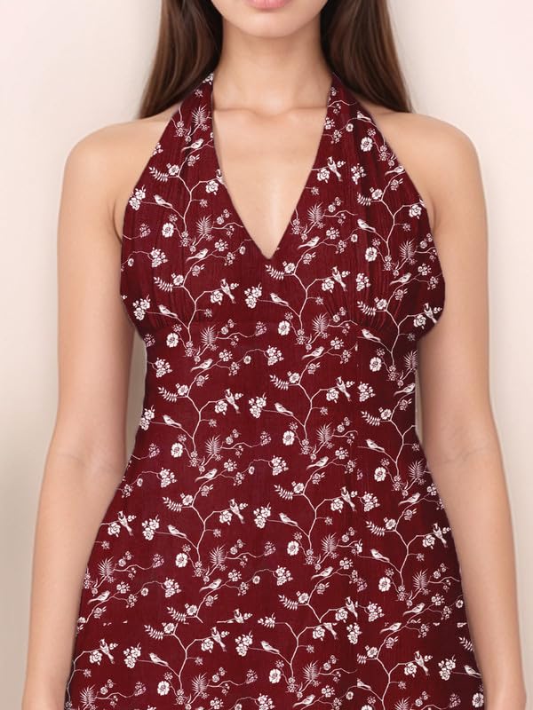 Zink London Women's Printed Tie Up Neck Short Dress Maroon