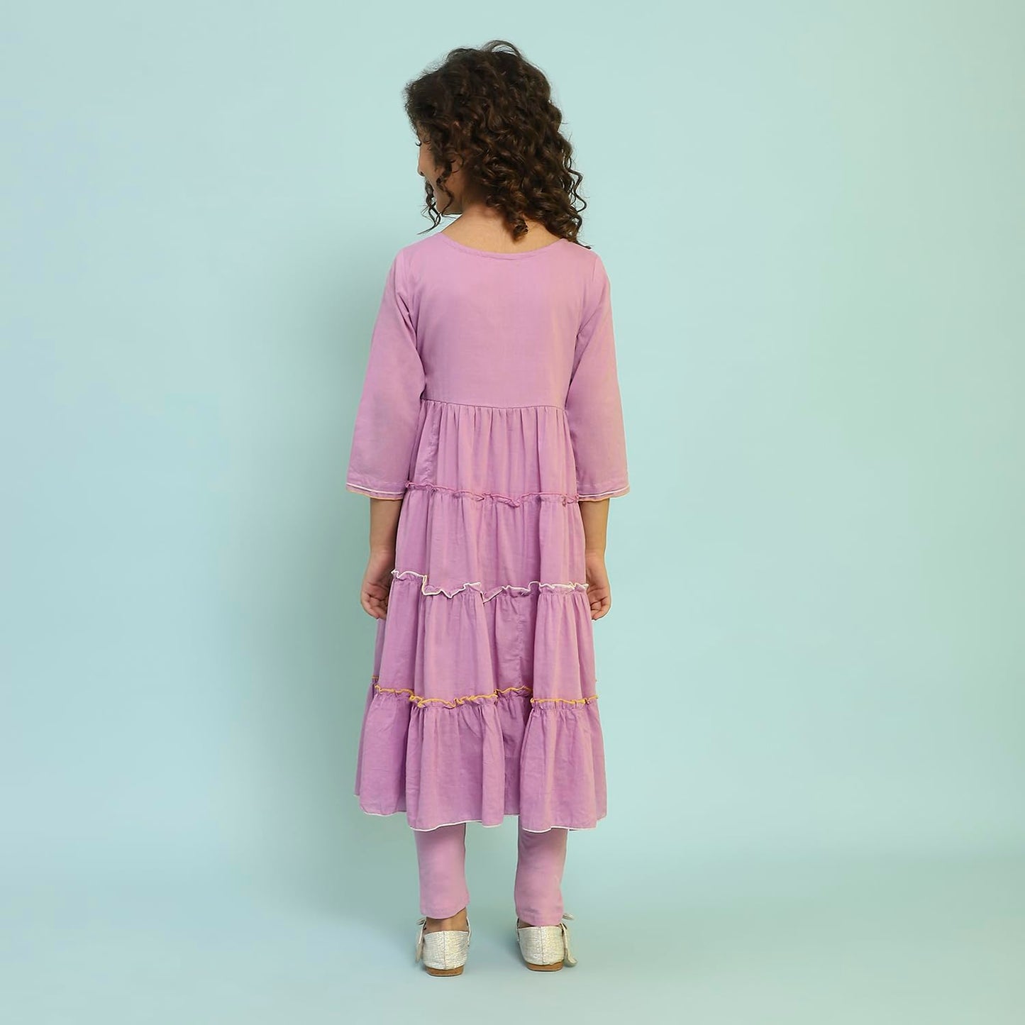 BIBA Girls Violet Tiered Cotton Solid Kurta suit set