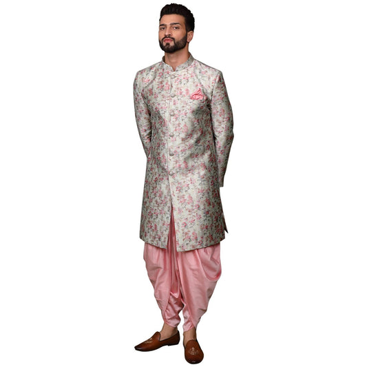 KISAH Men's Ethnic Wear Silk Blend Woven Design Regular Fit Multi-Pink Indo-Western Sherwani Set Indo-Western|42
