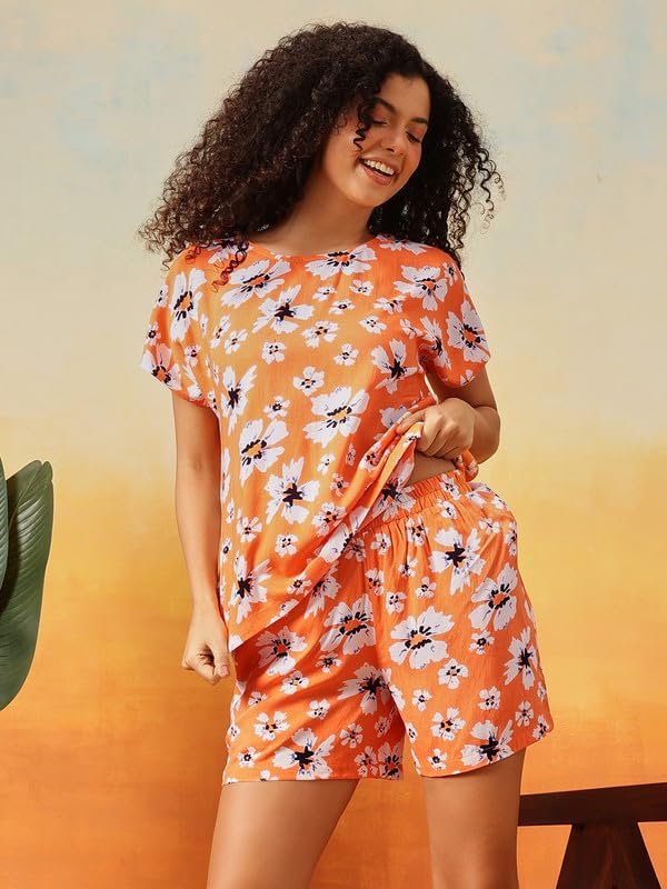 Clovia Women's Floral Printed Rayon Night Suit | Top and Shorts Sleepwear Set with Pocket | Nightwear Co-ord Set (LS0533D16_Orange_S)