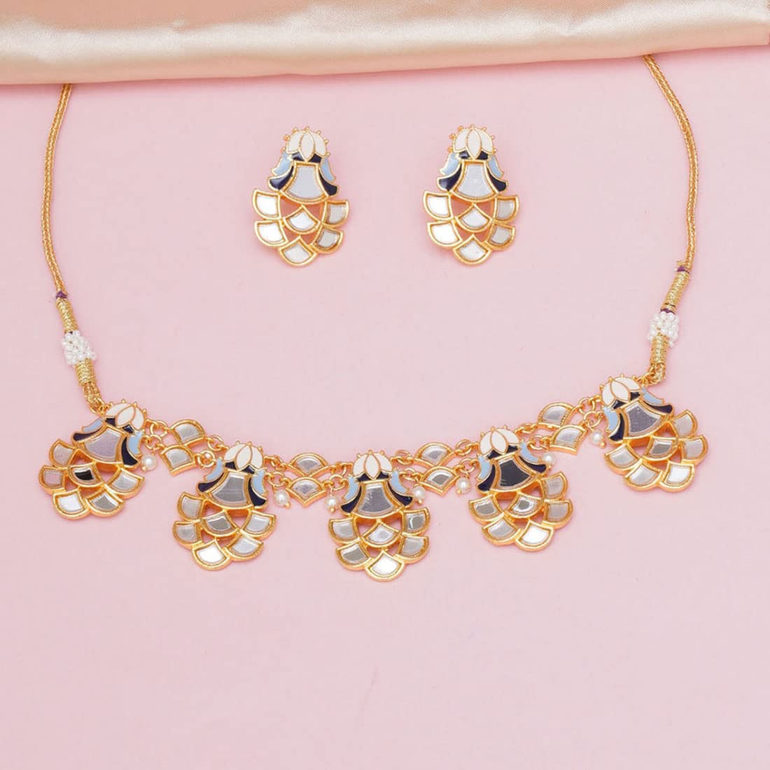 VOYLLA Festive Hues Mirror Work Enamelled Brass Gold Plated Choker Jewellery Set