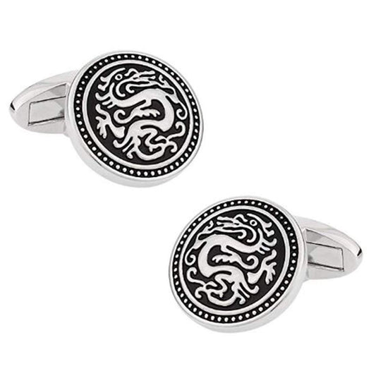 Peora Executive Silver Tone Black Enamel Game of Thrones Targaryen Intricate Dragon Round Classic Cufflinks for Men Business Corporate Wedding Gift