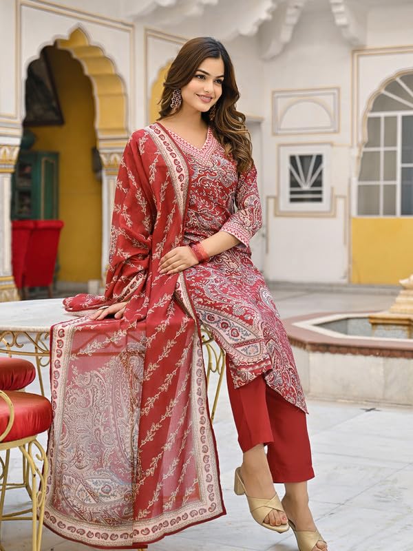 Vaamsi Women's Red Rayon Blend Paisley Straight Printed Kurta Pant With Dupatta Set | Straight Kurta Set | Printed Salwar Suit For Women (VKSKD2317, S)