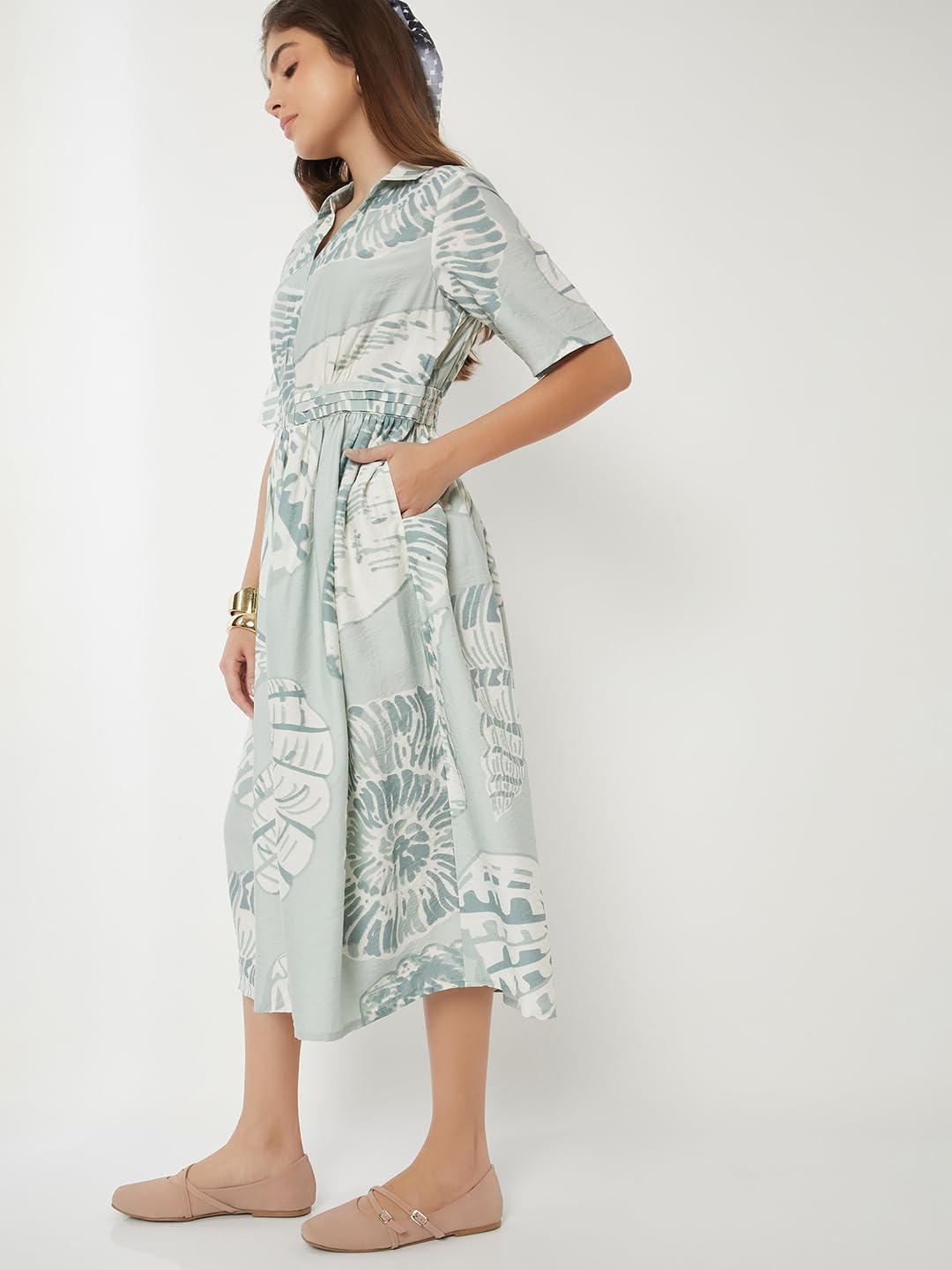 Max Women Printed A-Line Dress(Green_L)