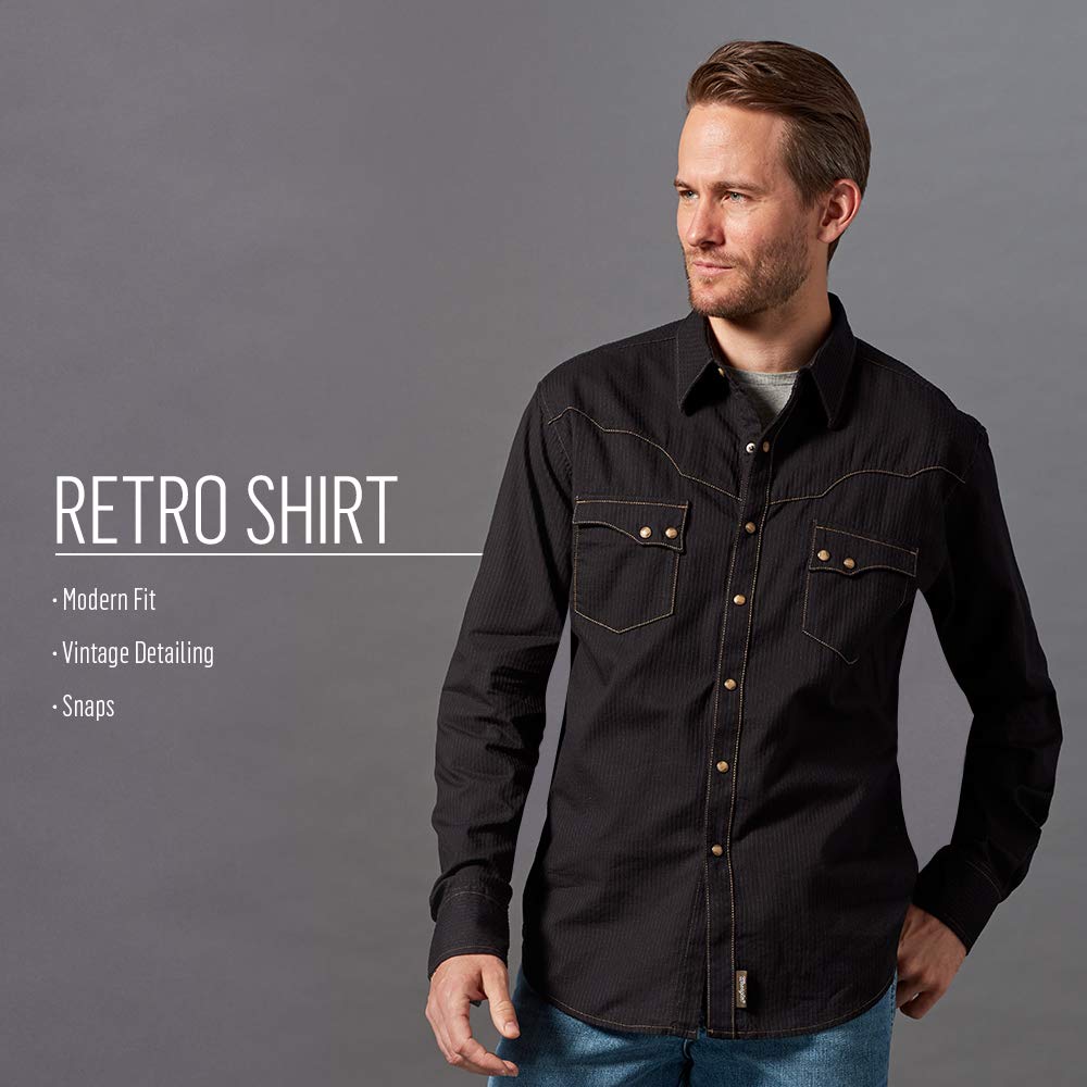 Wrangler Men's Retro Two Pocket Long Sleeve Snap Shirt, Black, Large