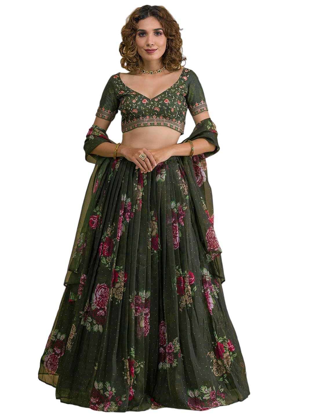 Zeel Clothing Women's Floral Embroidered Organza New Lehenga Choli with Dupatta (5070-Green-Latest-Designer-Lehenga-Choli; Free Size)