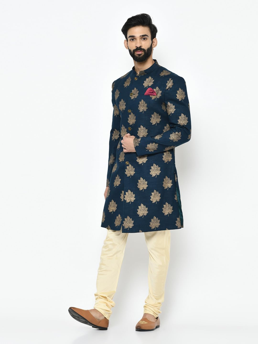KISAH Men's Indo-Western Sherwani Churidar Set, Blue Cotton Blend, Foil Print Regular Fit Mandarin Collar Long Sleeves (42)