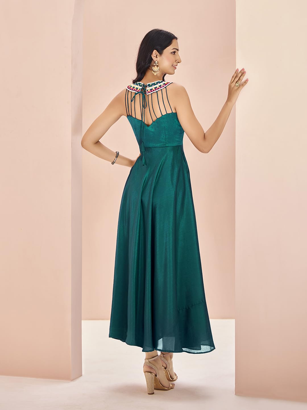 FUSIONIC Teal Silk Handworked Gown Dress