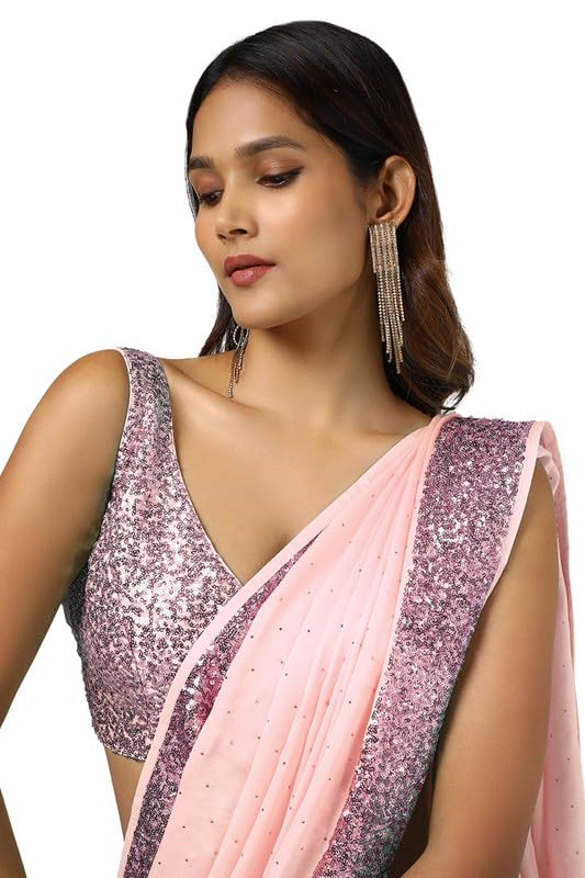 Soch Womens Peach Satin Saree With Stones And Sequins
