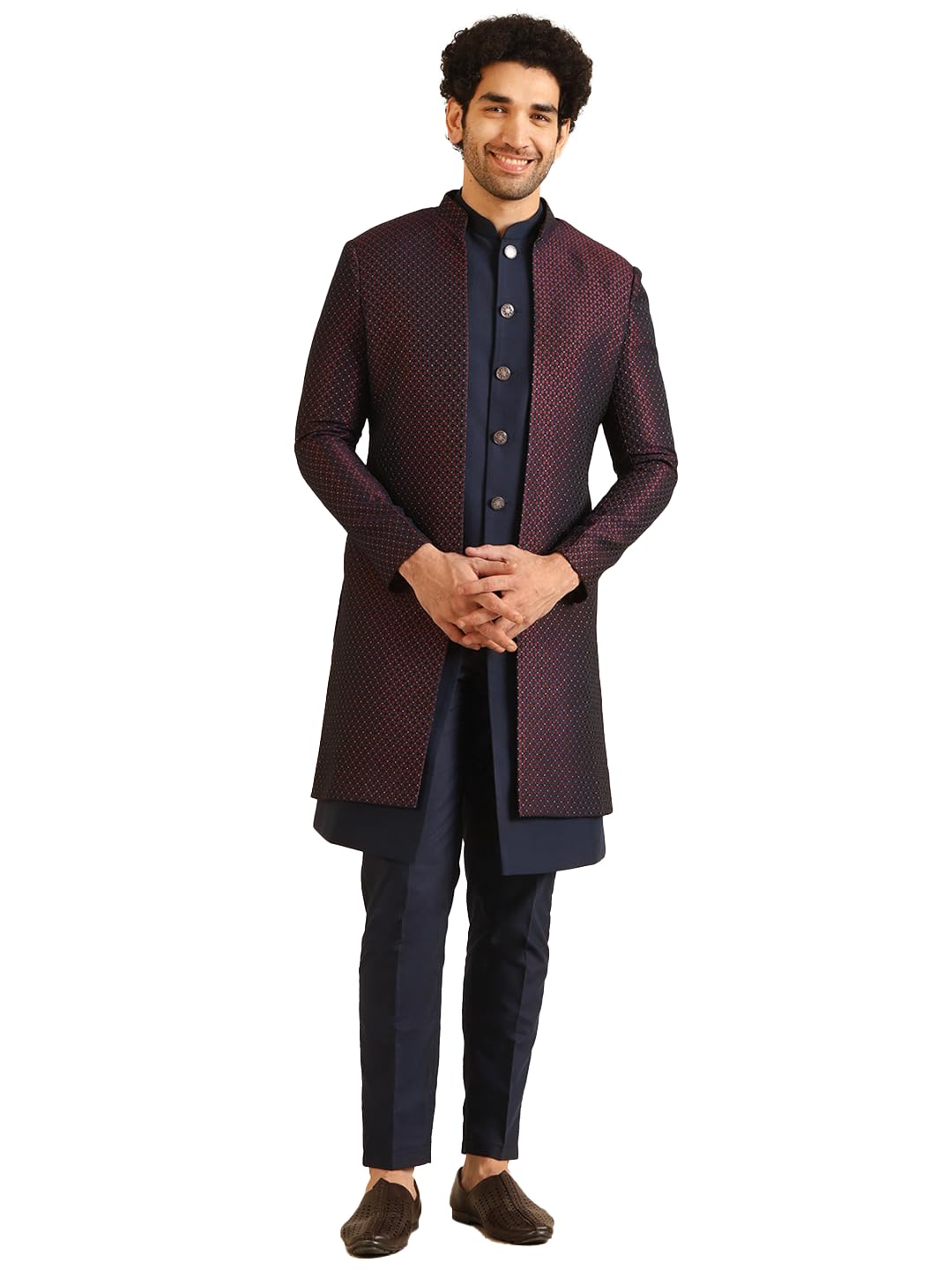 KISAH Jacket Sherwani Set for Men – Woven Design Jacquard Sherwani with Trouser | Ethnic & Formal Indian Outfit for Weddings, Celebrations & Parties, Wine, 42