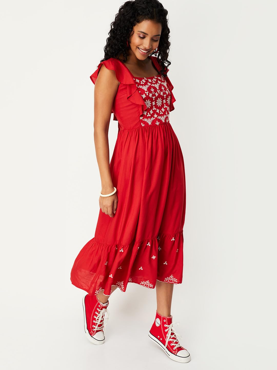 max Women's Rayon A-Line Midi Dress (Red)