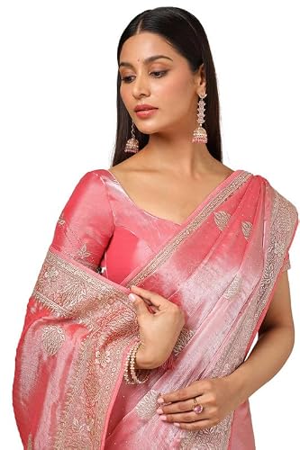 Soch Womens Peach Organza Embroidered Saree With Stone Work
