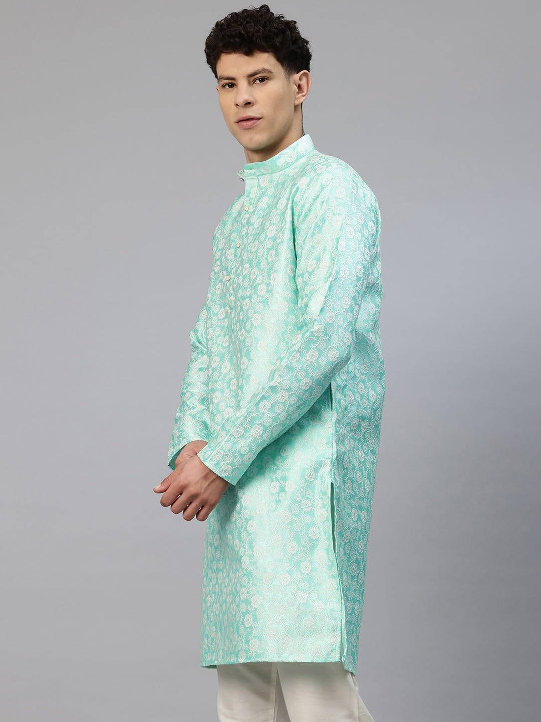 Luxrio Men's Silk Blend Jacquard Self Embroidered Textured Long Kurta Full Sleeves Green Size M