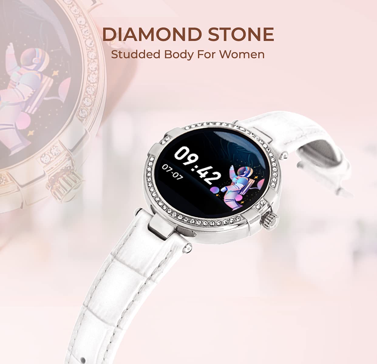 French Connection R8 series Women smartwatch (40 MM dial) with Full Touch HD screen, Metal case, Leather strap, continues Heart rate & Blood pressure monitoring, temperature monitor and IP68 waterproof