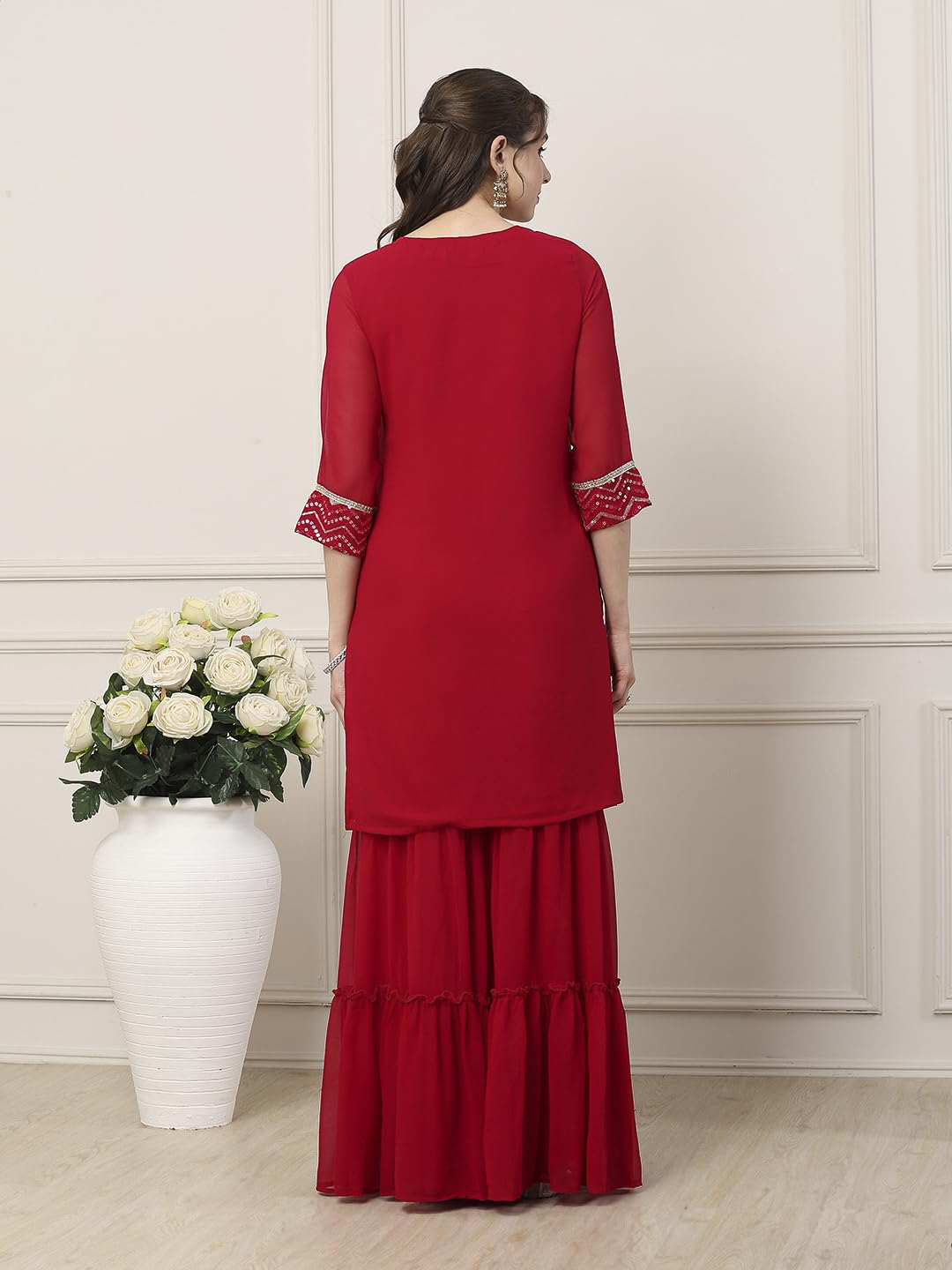 Biba Women Red Polyester Straight Embroidered Sharara Suit Set_42