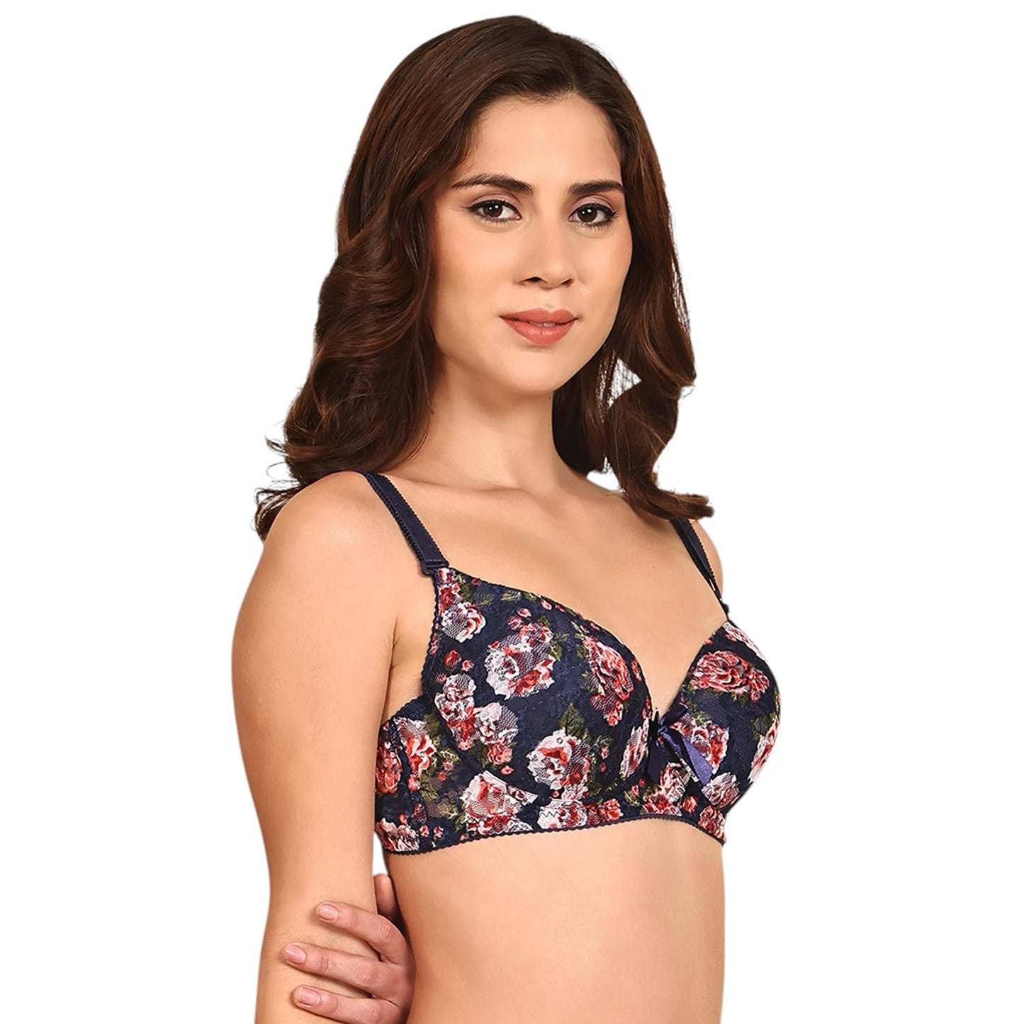Quttos Lightly Padded Floral T-Shirt Bra with Bows Navy Blue