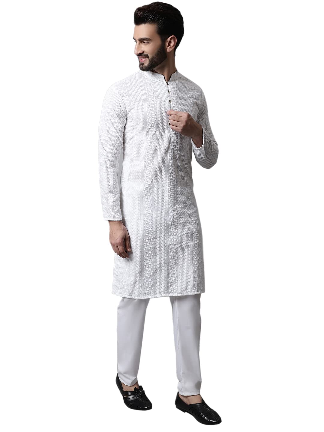 Jompers Men White Embroidered Pure Cotton Kurta with Pyjamas (White, S)