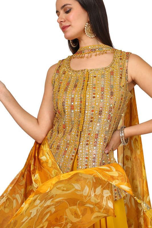 Soch Womens Mustard Georgette Blend Embroidered Suit Set With Sequins