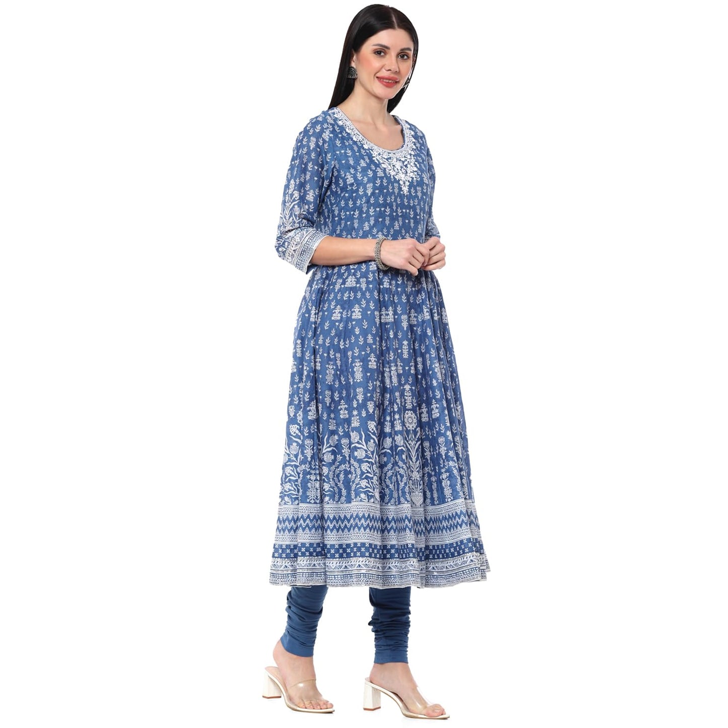 BIBA Women PRINTED ANARKALI SALWAR KURTA DUPATTA(SKDIK RANG9510_BLUE_38)