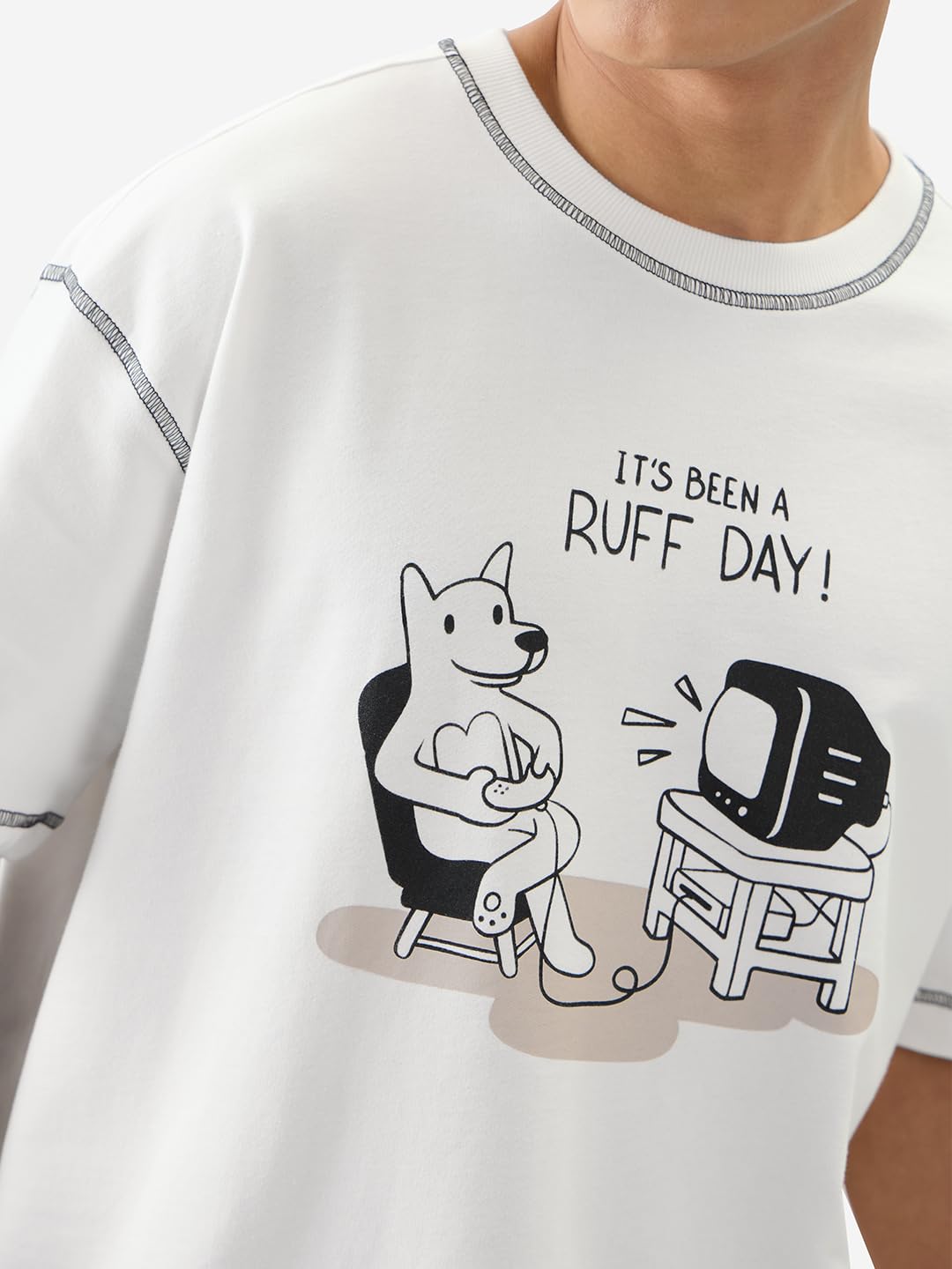 The Souled Store Ted The Stoner: Ruff Day Men and Boys Short Sleeves Round Neck Graphic Printed Cotton Oversized T-Shirts White