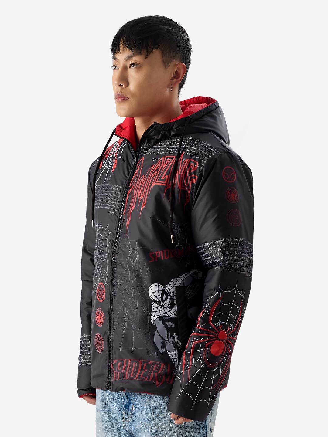 The Souled Store Official Spider-Man: The Suit Men and Boys Long Sleeve Hooded Neck Polyester Graphic Printed Reversible Puffer Jackets