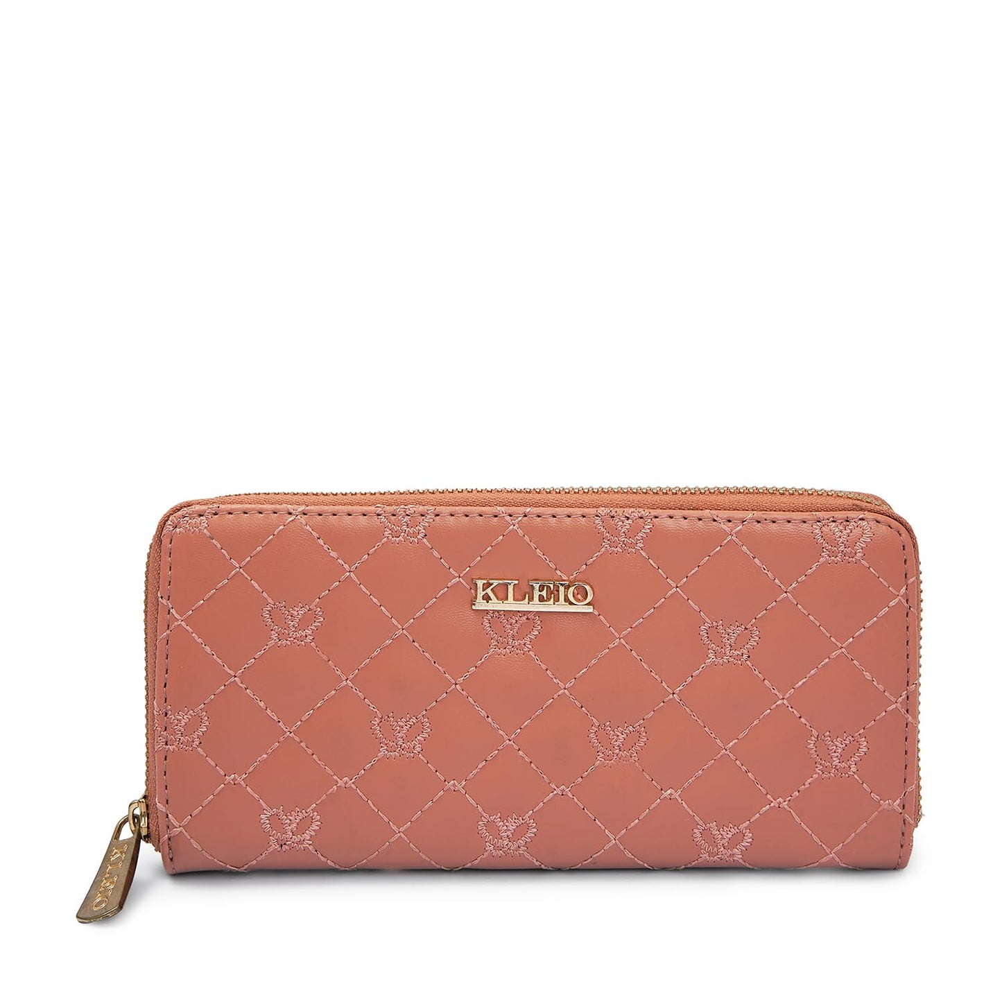 KLEIO Quilted PU Leather Bi Fold Zip Closure Multi Pockets and Slots Clutch Wallet for Women Ladies(HO5016KL-BE)(PEACH)