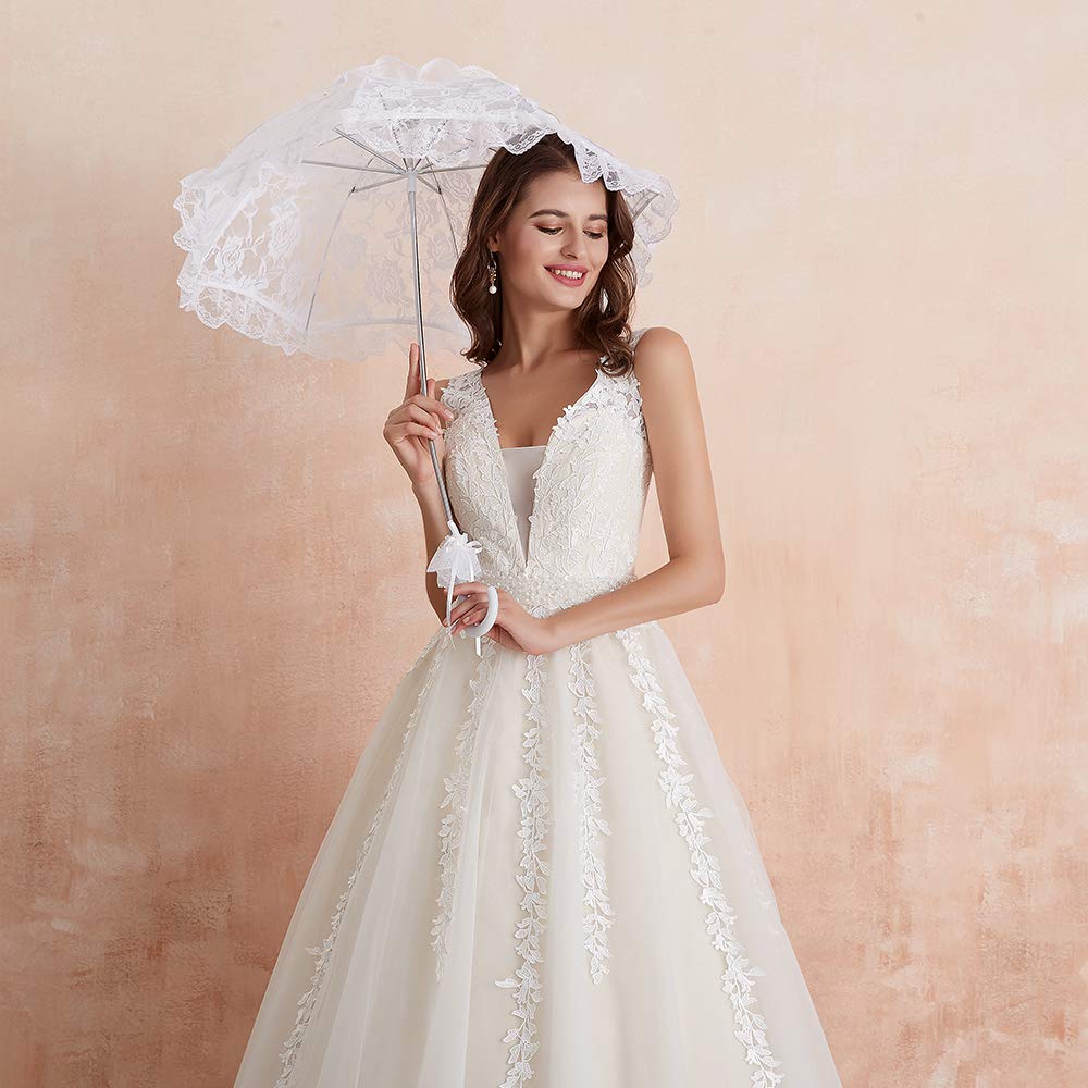 Abaowedding Women's Wedding Dress for Bride Lace Applique Evening Dress V Neck Straps Ball Gowns Ivory US 16