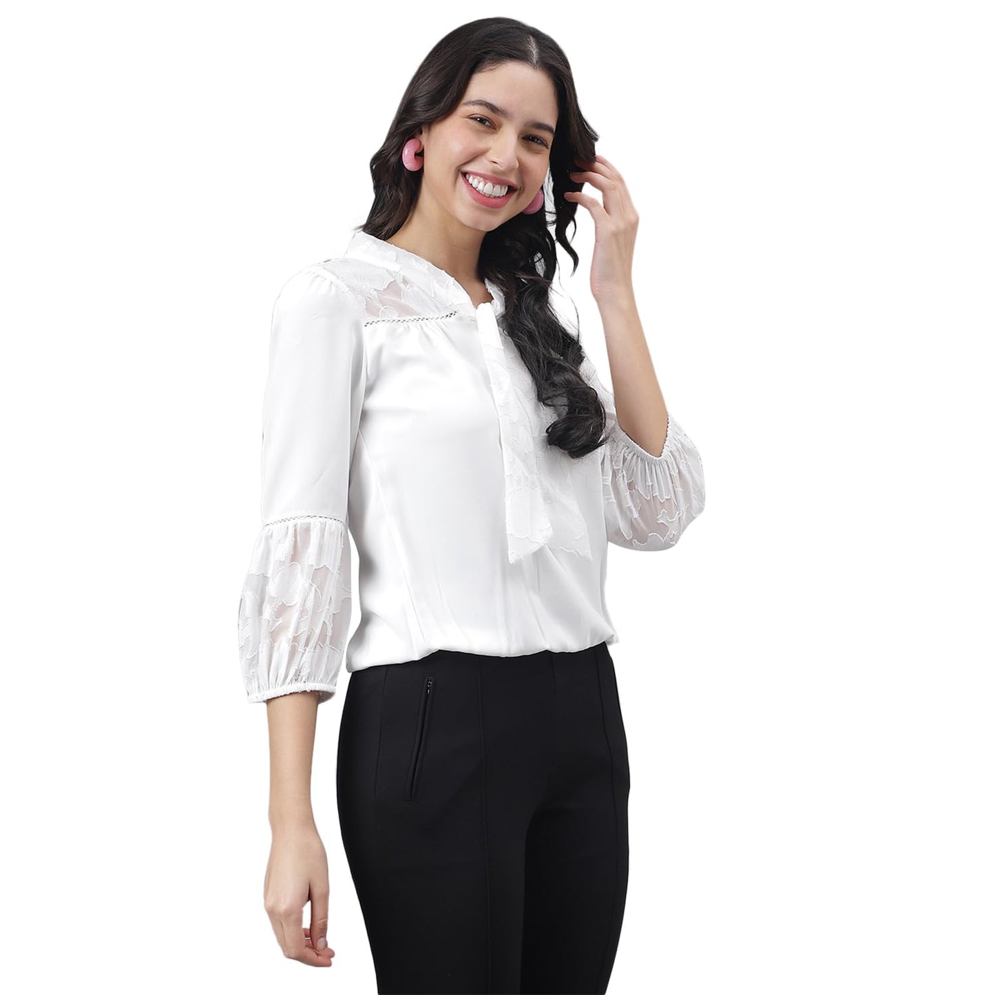 Latin Quarters Women White 3/4 Sleeve Tie-Up Neck Solid Top_M