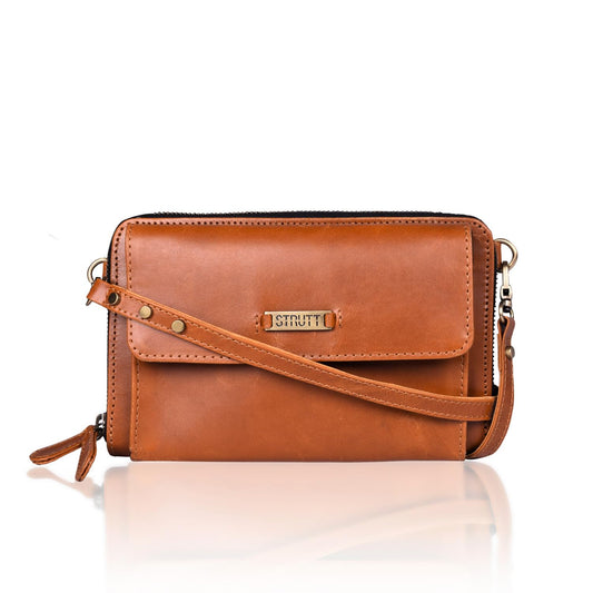 STRUTT VersaCarry 2-in-1 Leather Sling Bag, Women's Mini Wallet, Stylish & Versatile Bag for Teenage Girls, Genuine Leather Cash Wallet with Card Slots, Storage Slots & Detachable Strap - Brown