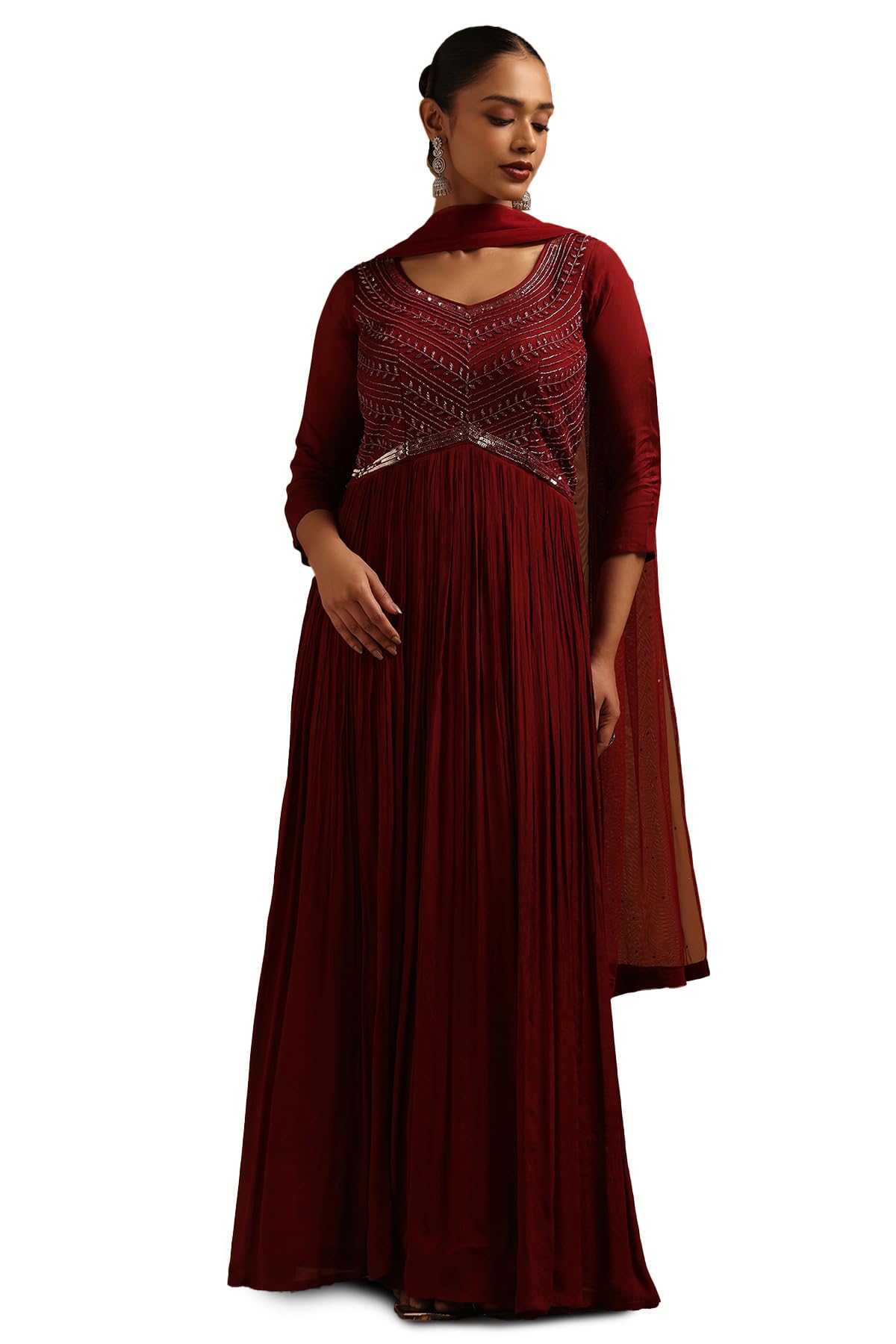 Soch Womens Maroon Chinon Embellished Gown with Cutdana