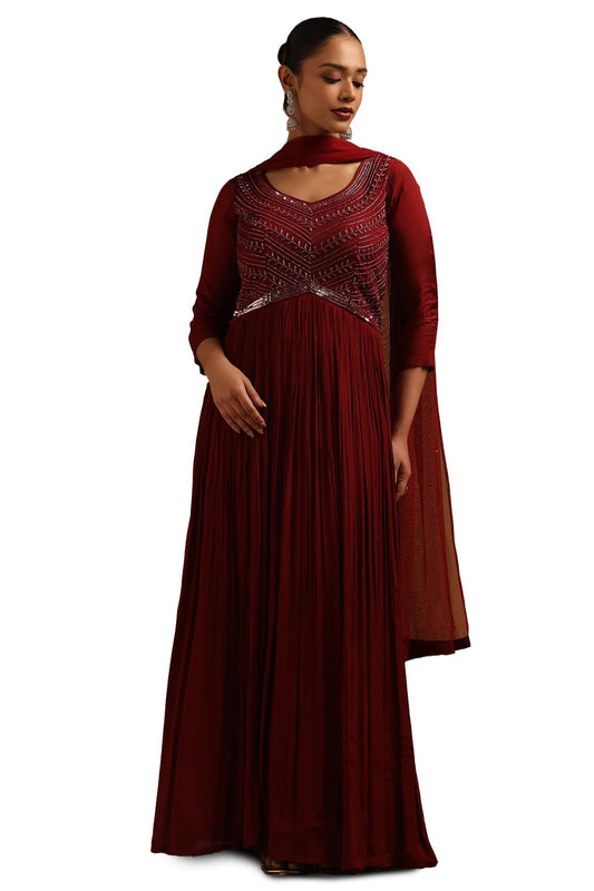 Soch Womens Maroon Chinon Embellished Gown with Cutdana