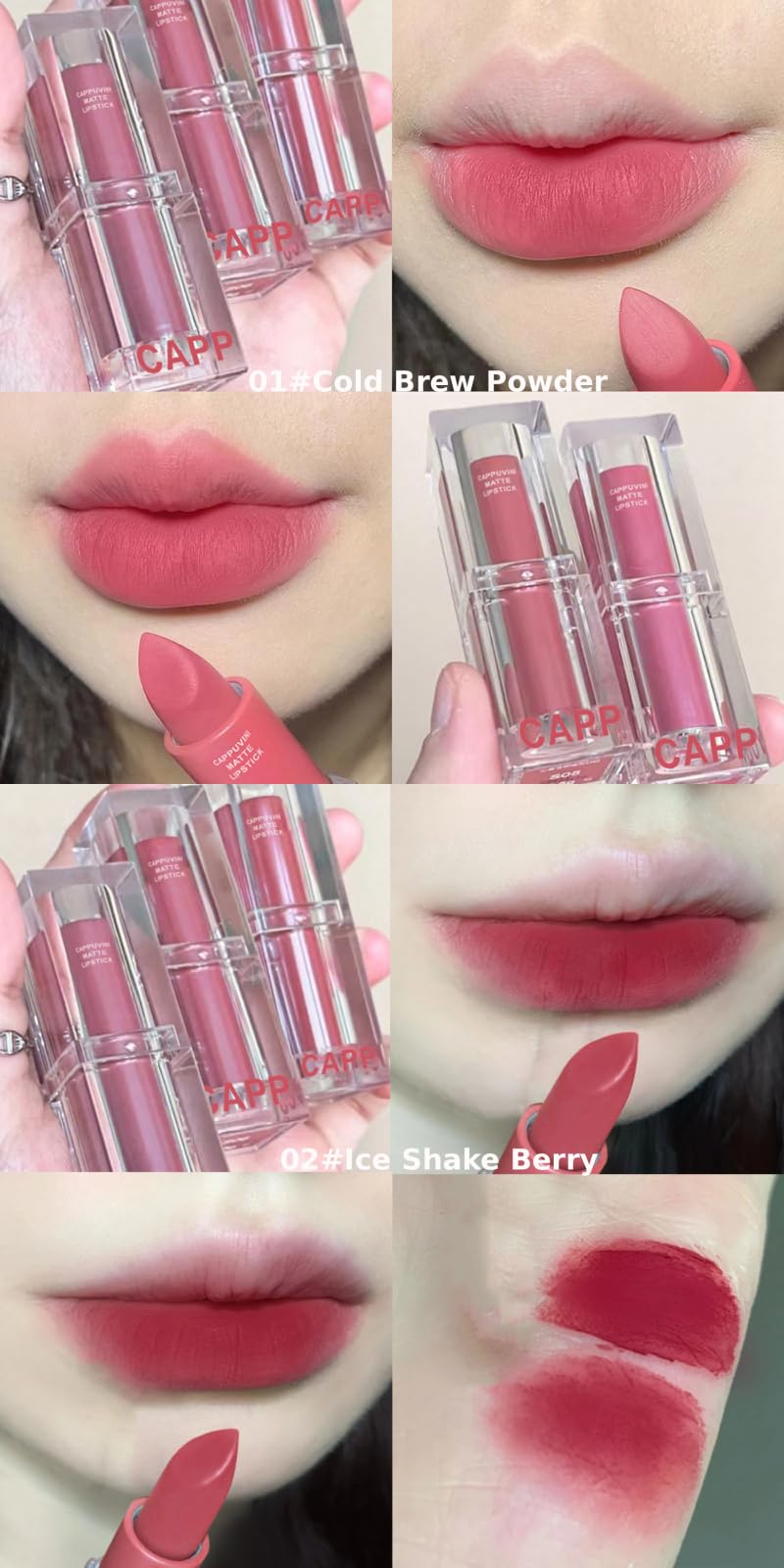 Cappuvini Creamy Matte Mousse Lipstick | Waterproof Smudge-Proof Formula | Comfort with High Pigmentation | Curated Shades Including Nude Brown Coral Terracotta | Transfer-Resistant Long Lasting | Clean Girl Aesthetic Kawaii Packaging | Buildable Coverage
