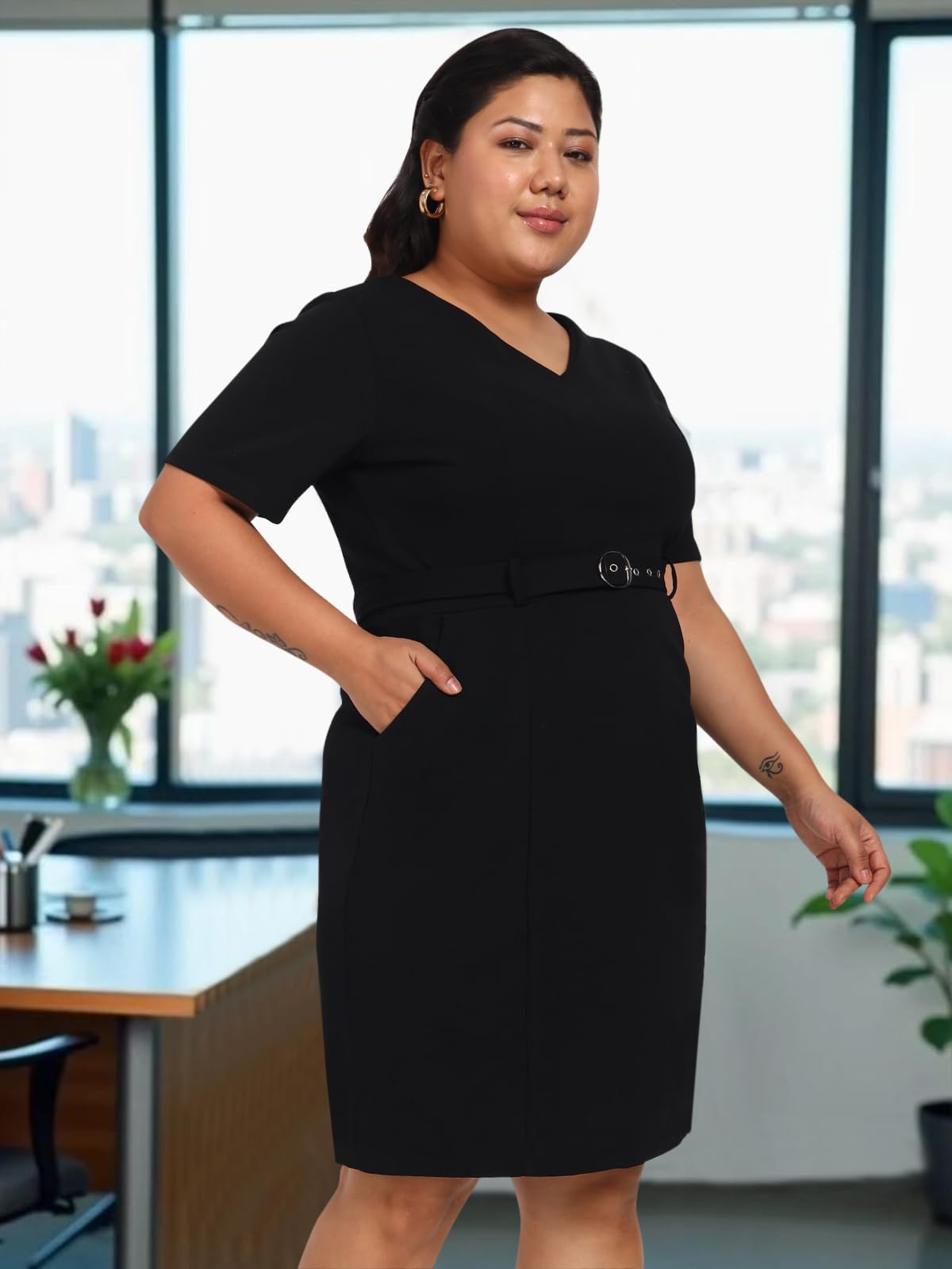 wild U Women Plus Size Western Dress | Stretchable | Pocket | Stylish | with Belt | Formal Office Wear (Black, Size : 6XL)