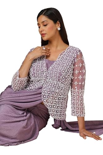 Soch Womens Lavender Satin Embellished Ready-To-Wear Saree With Jacket