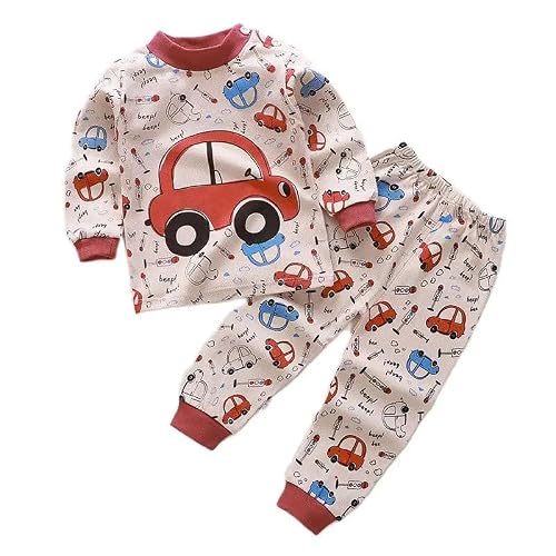 Bold N Elegant Full Sleeve Cartoon Print Cotton T-Shirt & Pajama Pajama Clothing Set for Infant Toddler Baby Boy Girl Kids (0-6 Months, Red)