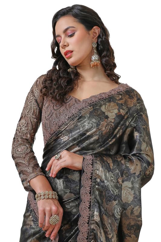 Soch Womens Grey Floral Georgette Saree with Zardosi Border