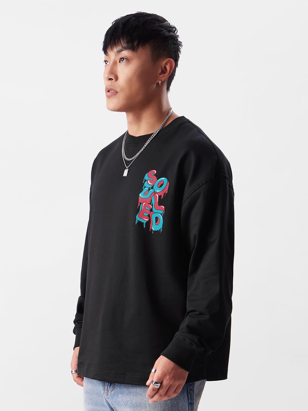 The Souled Store TSS Originals: Drip Check Mens & Boys Oversized Fit Graphic Printed Full Sleeve Cotton Black Oversized Full Sleeve T-Shirts Men's t-Shirts Graphic tees Casual Fashion Regular fit