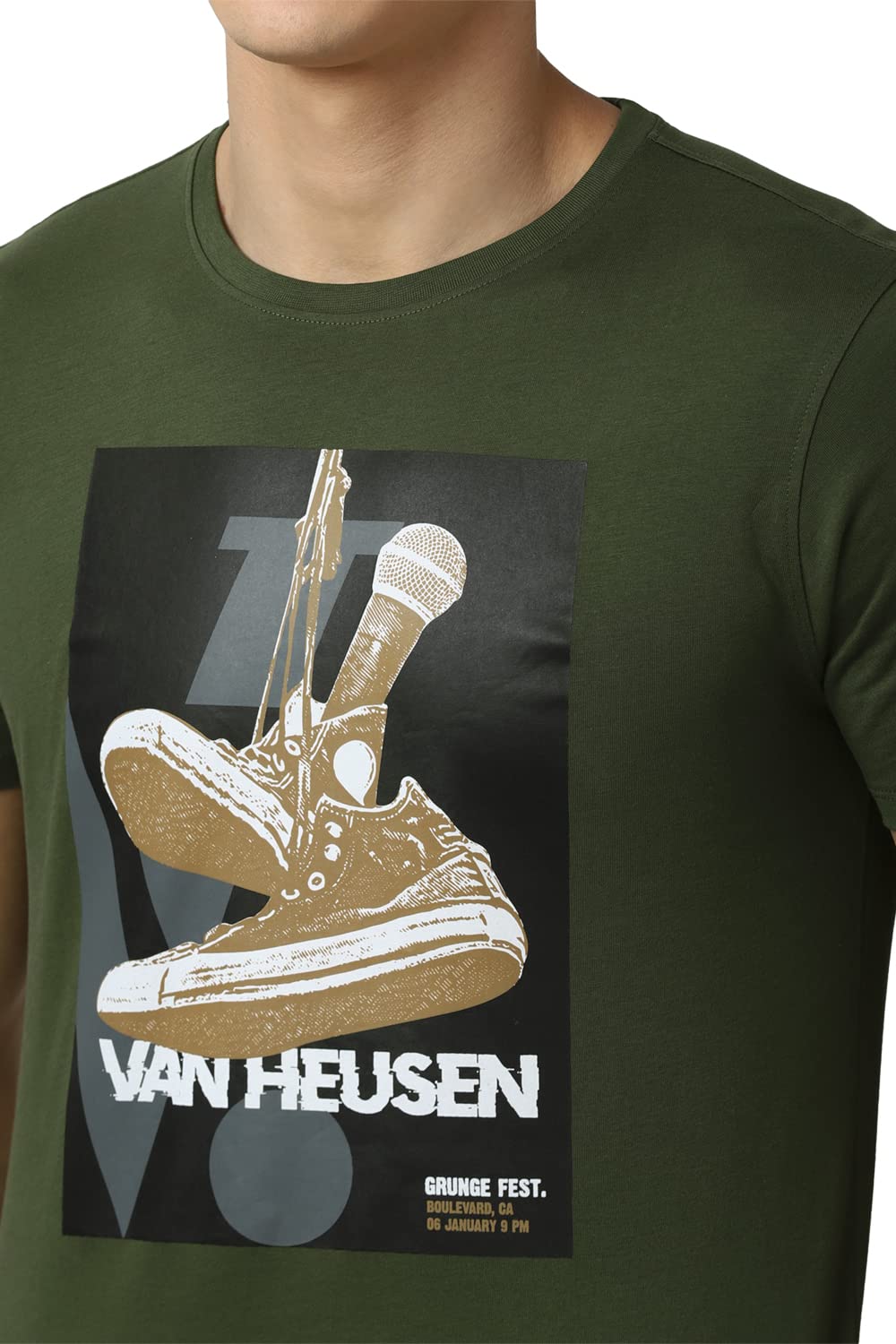 Van Heusen Men's Graphic Slim T-Shirt (VDKCESLF782898_Solid Olive L)