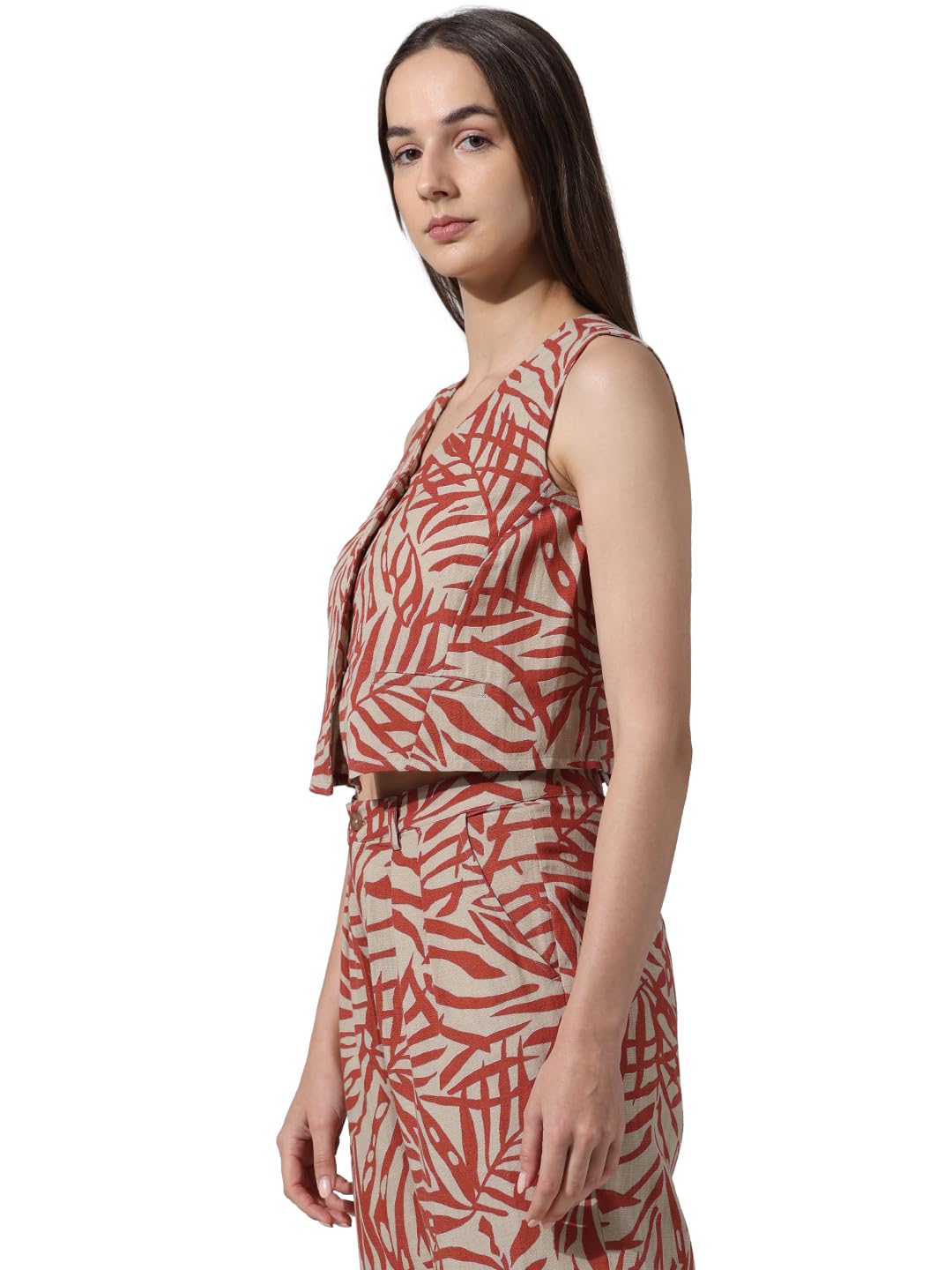 ONLY Women Printed Viscose Crop Length Beige Waistcoat