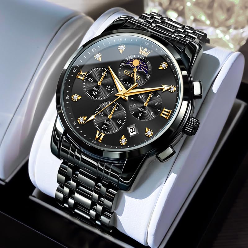 OLEVS Watch for Men Diamond Business Dress Analog Quartz Stainless Steel Waterproof Luminous Date Two Tone Luxury Casual Wrist Watch, black watches 3655, men watch