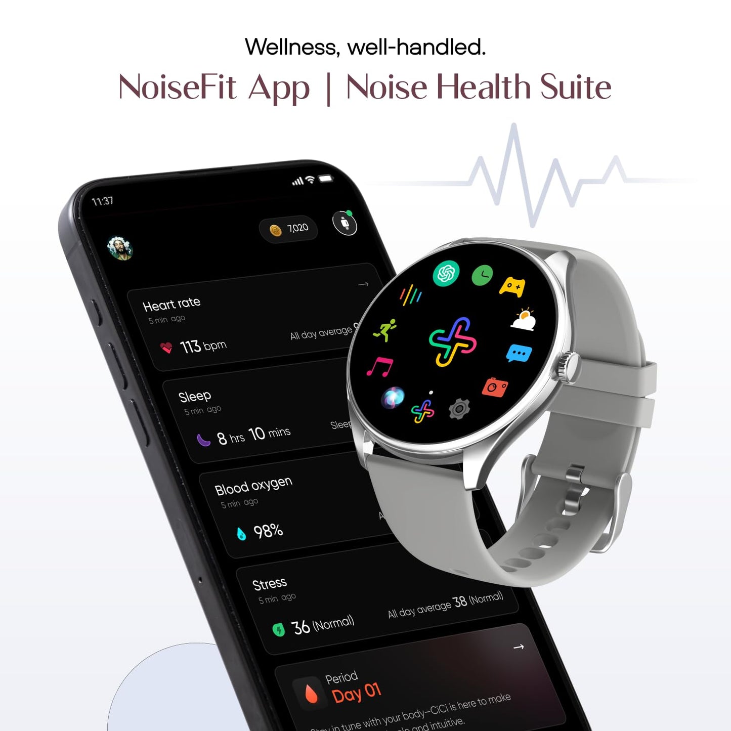 Noise Twist 2 Smart Watch with 1.43” AMOLED Screen, AI Search & Voice Assistant, Bluetooth Calling, Stainless Steel Back, 7-Day Battery, 100+ Watch Faces, Health Suite, IP68 (Cloud Grey)