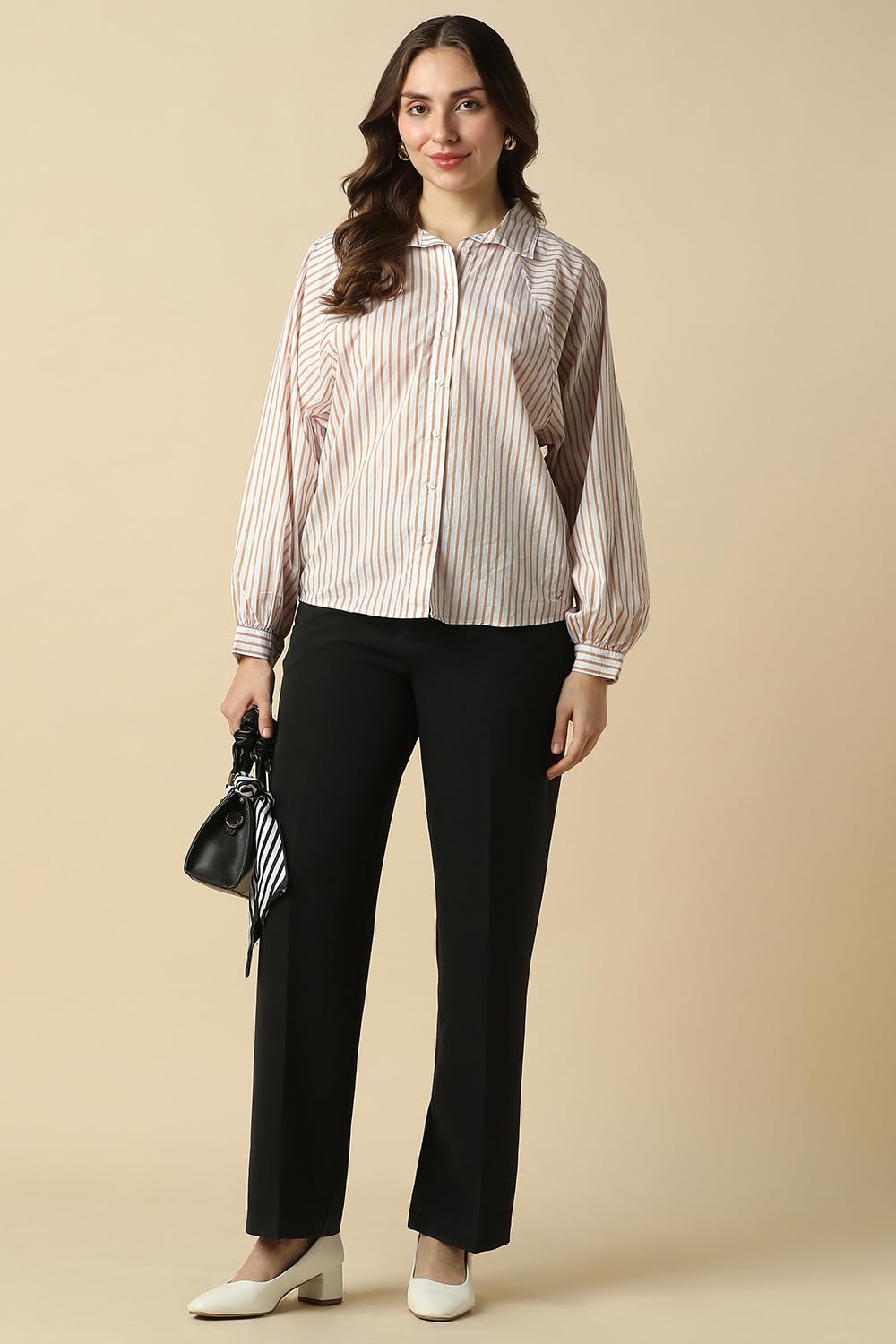 Women Beige Stripe Long Sleeves Shirt