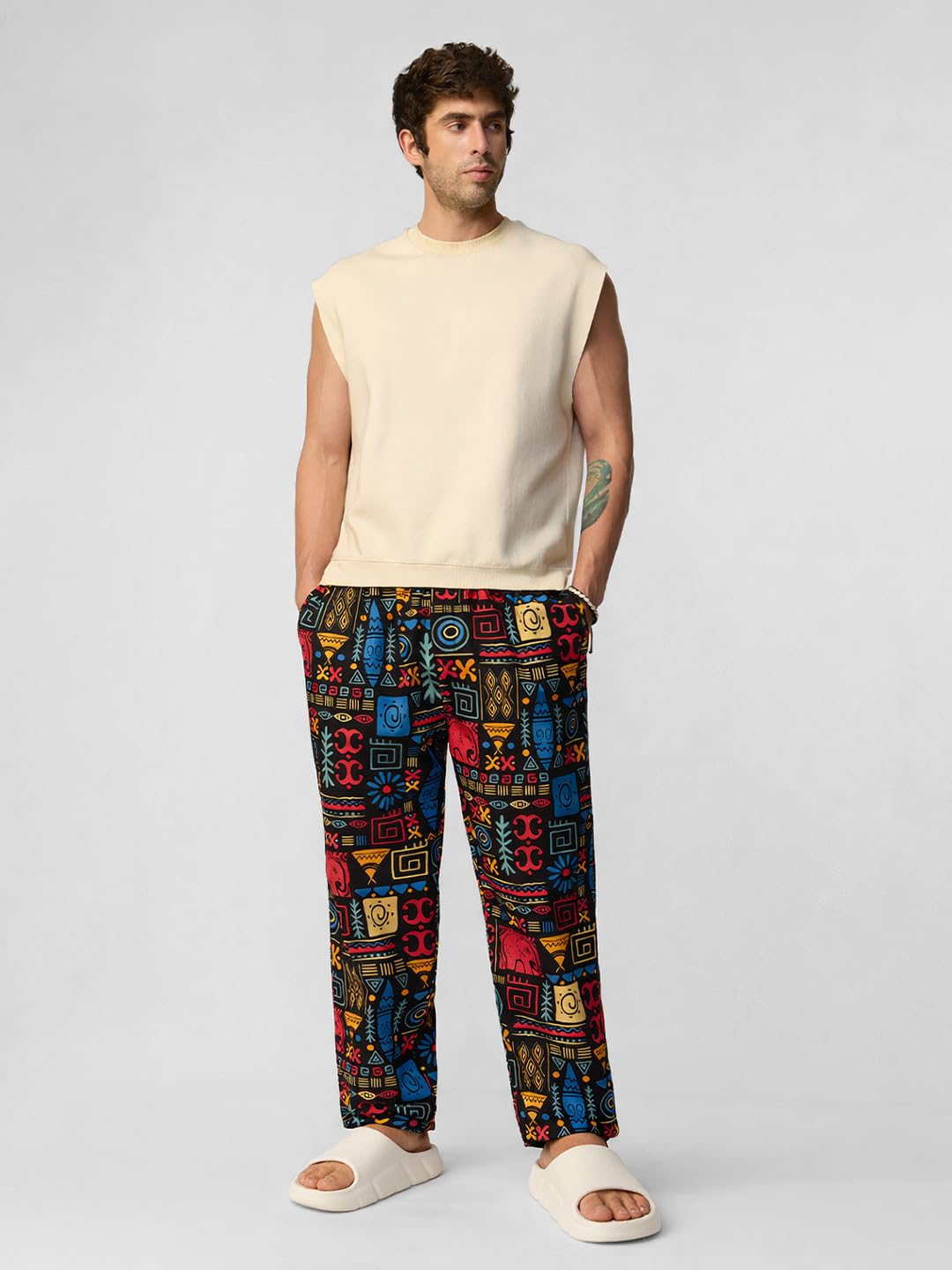 The Souled Store Tribal Tales Men and Boys Drawstring Waist Black All-Over Print Cotton Relaxed Fit Lightweight Everyday Lounge Pyjamas